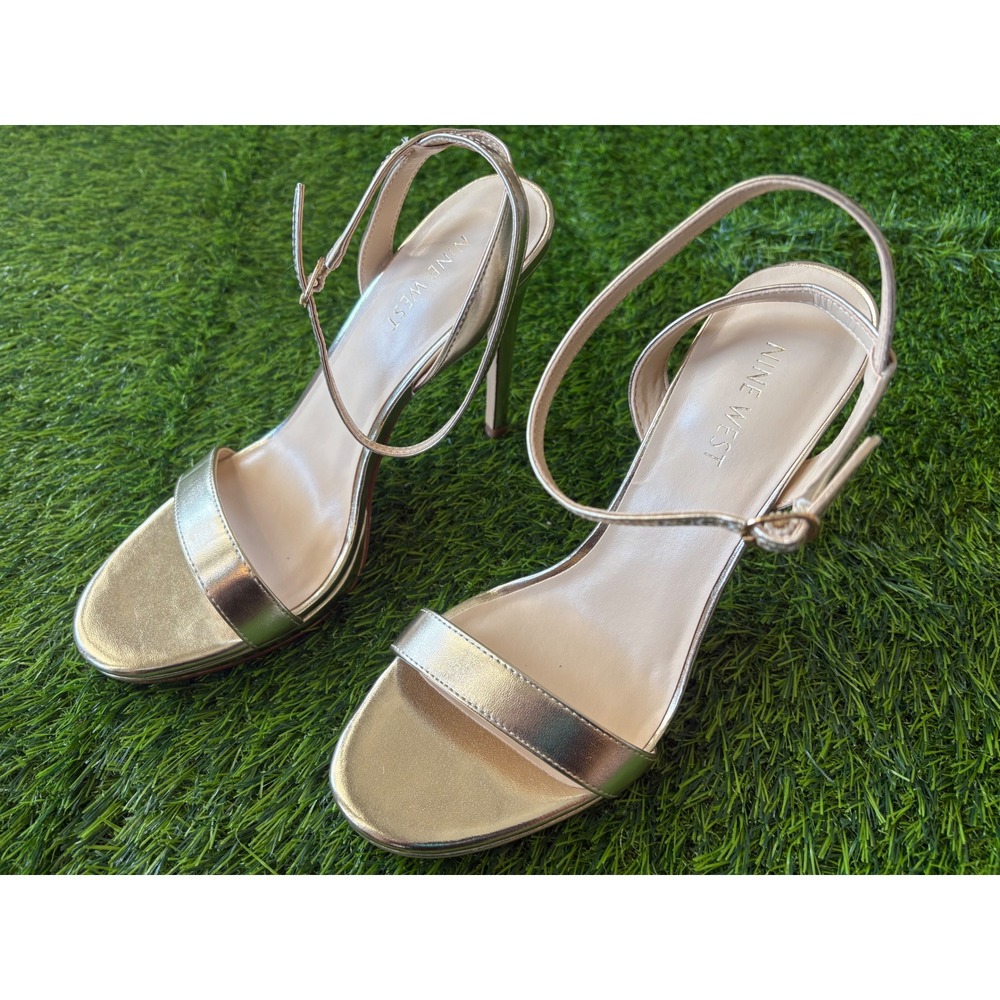 Nine West Lorent3 Metallic Gold Ankle Strap Heeled Sandals Stiletto Size 8M